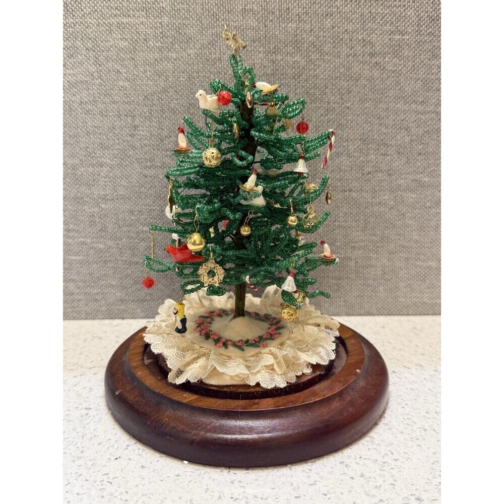 Vintage Westrim Beaded Christmas Tree Ornaments Wood Base No Glass Dome 6"